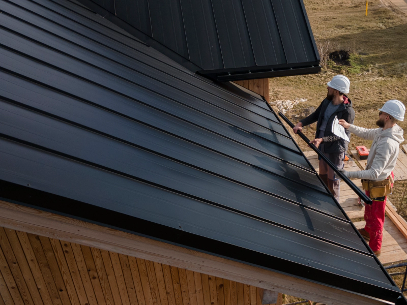 engineers inspecting a black roofing of a wood house